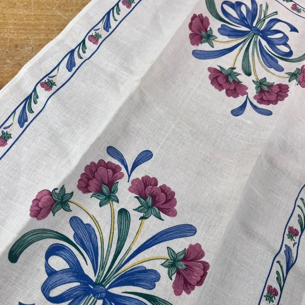 Vtg Lenox Floral Bouquet Blue Bow White Linen Hand Tea Towel 16x25